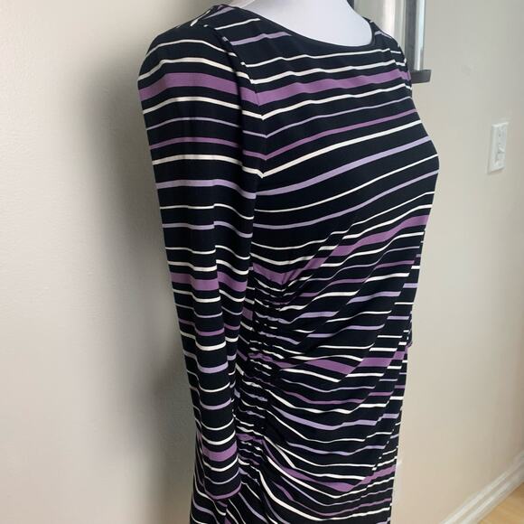 White House Black Market Sz S Ruched Sheath Dress Purple Black Striped Stretch - Picture 3 of 11